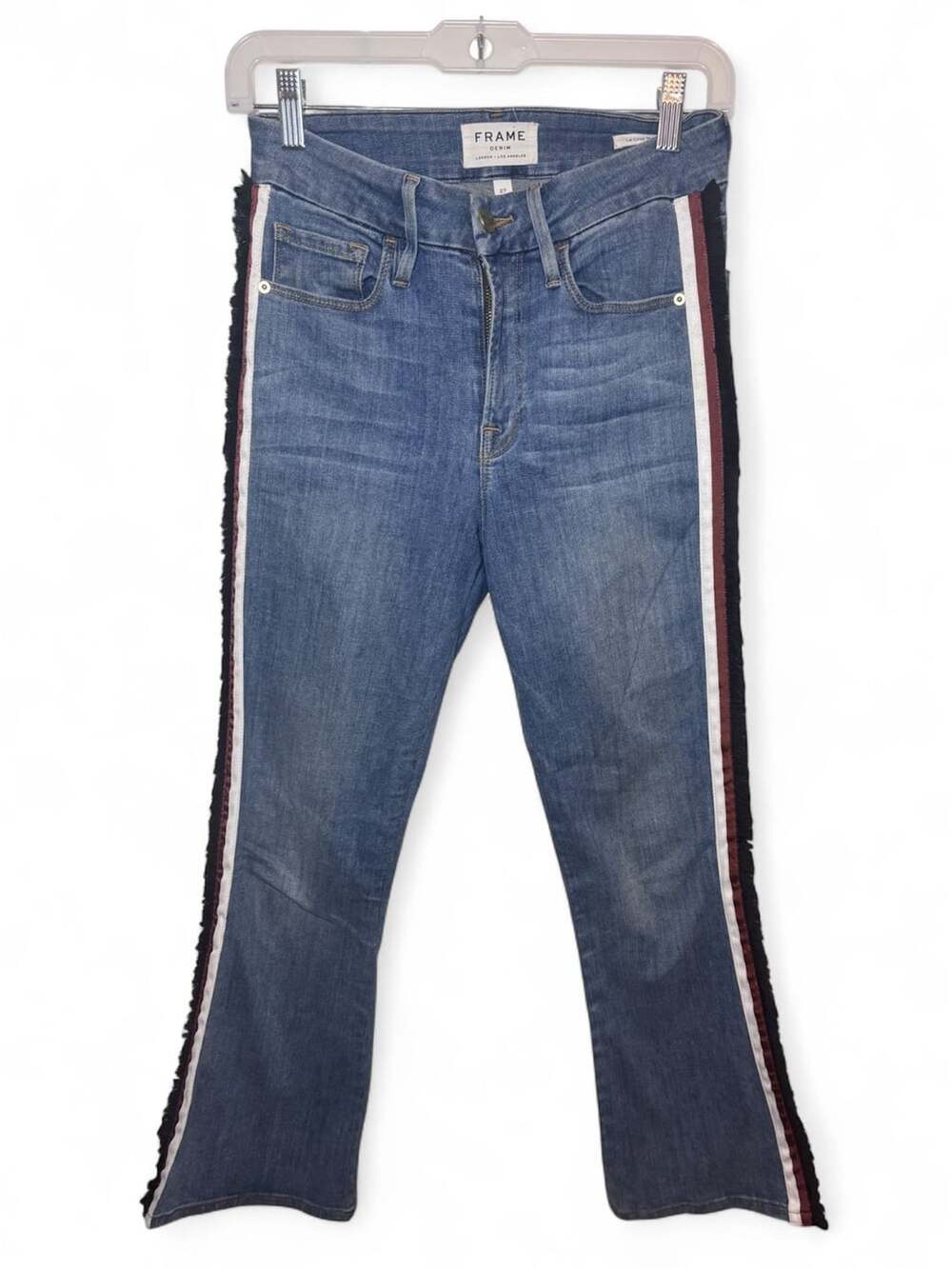 FRAME Le Crop Mini Boot Jeans Women’s 27 Multi Tape Fringe Stripe Flare Blue